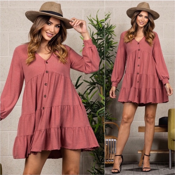 1 LEFT! USA MADE Marsala Rose Babydoll Women's Button Front Detail Fall Dress - Picture 3 of 4